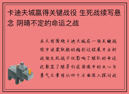 卡迪夫城赢得关键战役 生死战续写悬念 阴晴不定的命运之战