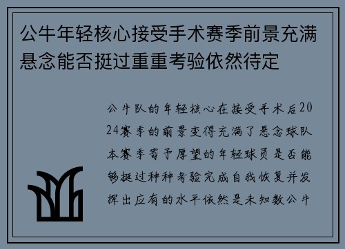 公牛年轻核心接受手术赛季前景充满悬念能否挺过重重考验依然待定