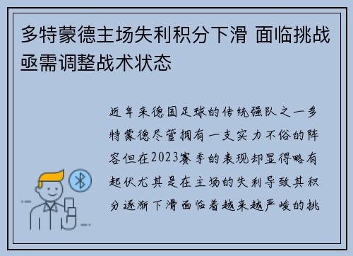 多特蒙德主场失利积分下滑 面临挑战亟需调整战术状态