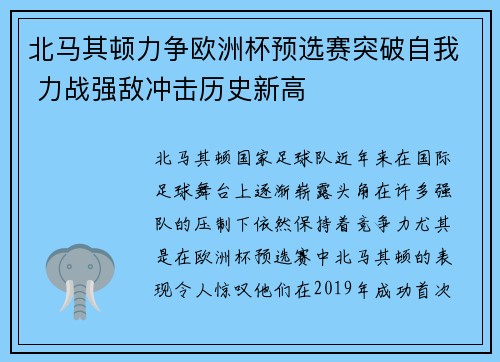 北马其顿力争欧洲杯预选赛突破自我 力战强敌冲击历史新高