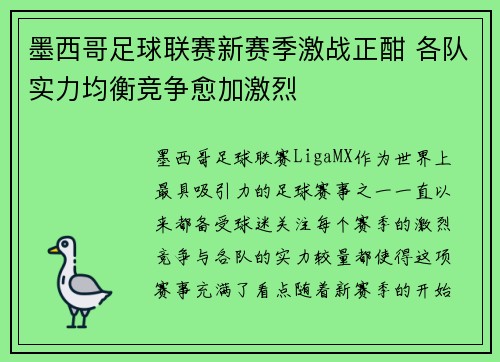 墨西哥足球联赛新赛季激战正酣 各队实力均衡竞争愈加激烈